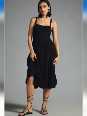 Anthropologie Black Smocked Midi Dress